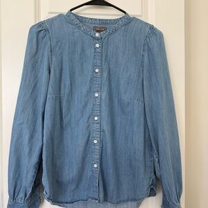 J. Crew Point Sur Light Denim Chambray Puff Sleeve Collarless Shirt